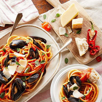 Bucatini with Roasted Garlic Basil Red Mussel Sauce