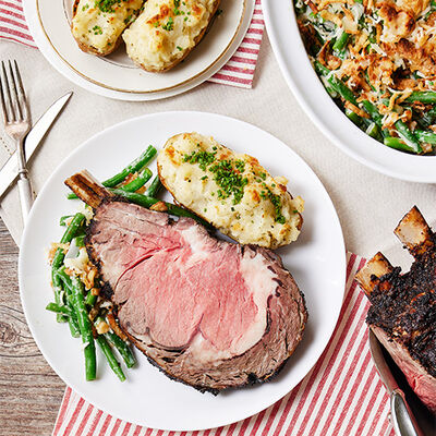 Standing Rib Roast with Twice-Baked Potatoes & Green Bean Casserole