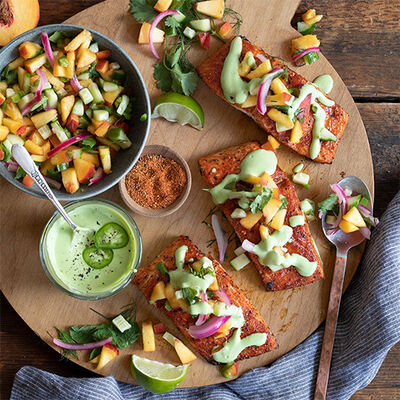 BBQ Glazed Salmon with Fresh Peach Salsa and Creamy Avocado Lime Sauce