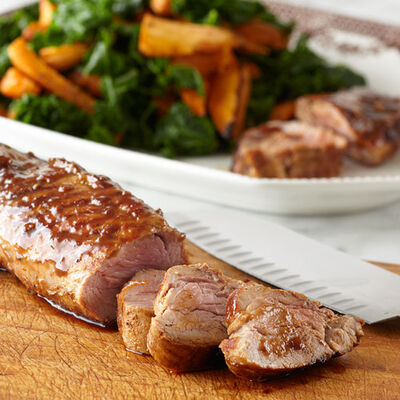 Grilled Pork Tenderloin with Balsamic Roasted Sweet Potatoes & Kale