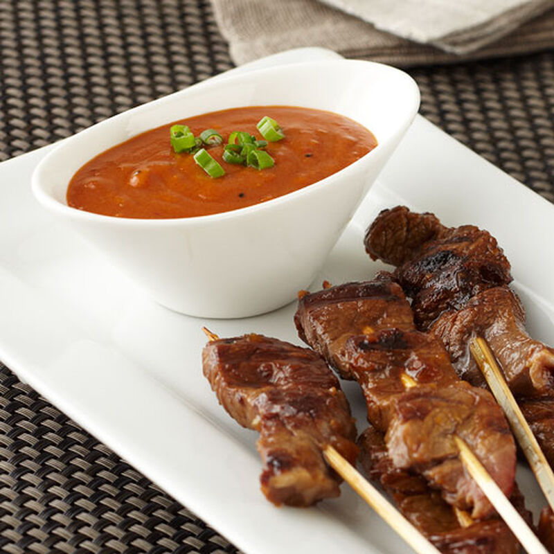 Grilled Teriyaki Steak Skewers with Roasted Garlic Peanut Sauce
