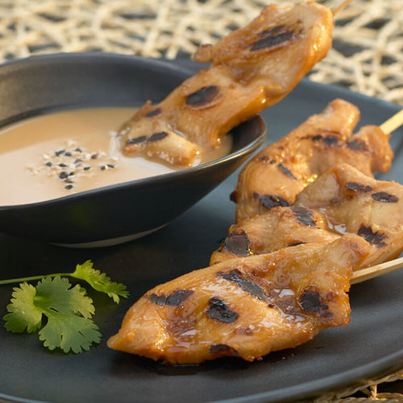 Skewered Grilled Chicken with Sesame Ginger Peanut Dip