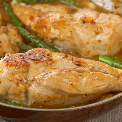 Mango Mustard Glazed Chicken with Grilled Asparagus Tips